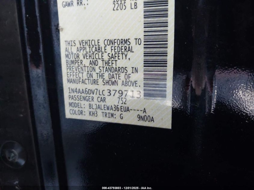 2020 Nissan Maxima Sl Xtronic Cvt VIN: 1N4AA6DV7LC379713 Lot: 43793803