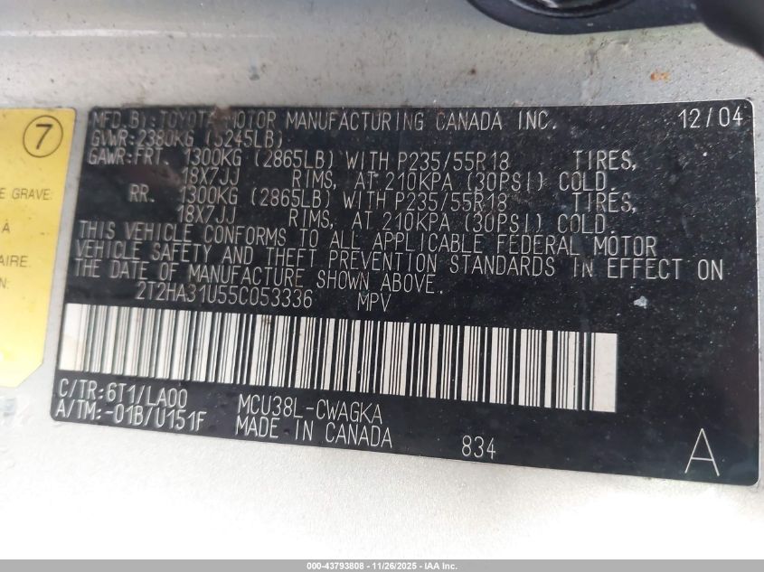 2005 Lexus Rx 330 VIN: 2T2HA31U55C053336 Lot: 43793808