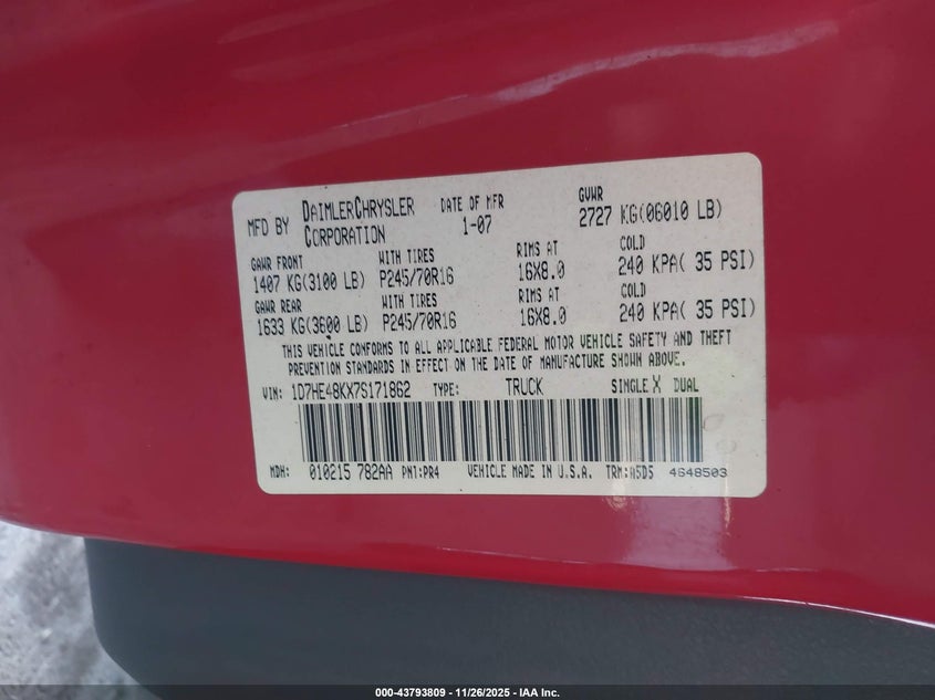 2007 Dodge Dakota Slt VIN: 1D7HE48KX7S171862 Lot: 43793809