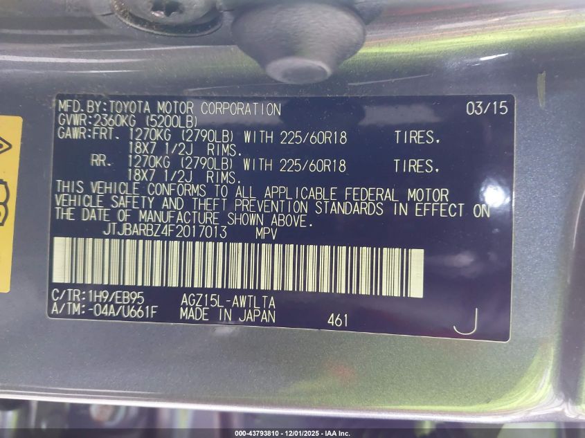 2015 Lexus Nx 200T F Sport VIN: JTJBARBZ4F2017013 Lot: 43793810