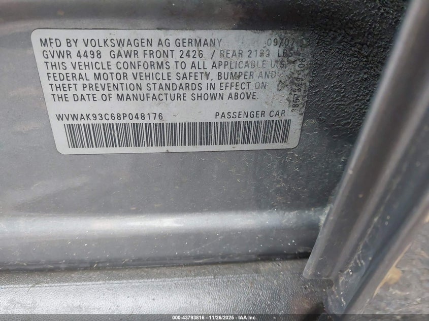 2008 Volkswagen Passat Komfort VIN: WVWAK93C68P048176 Lot: 43793816