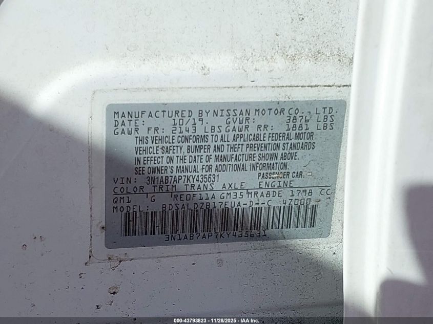 2019 Nissan Sentra Sv VIN: 3N1AB7AP7KY435631 Lot: 43793823