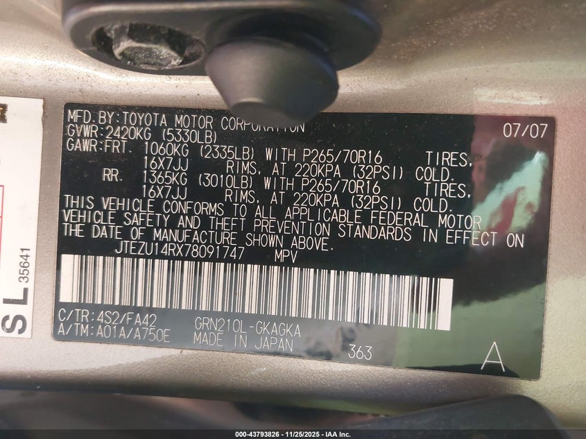 2007 Toyota 4Runner Sr5 V6 VIN: JTEZU14RX78091747 Lot: 43793826