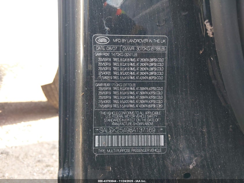 2008 Land Rover Range Rover Sport Hse VIN: SALSK25498A137169 Lot: 43793844