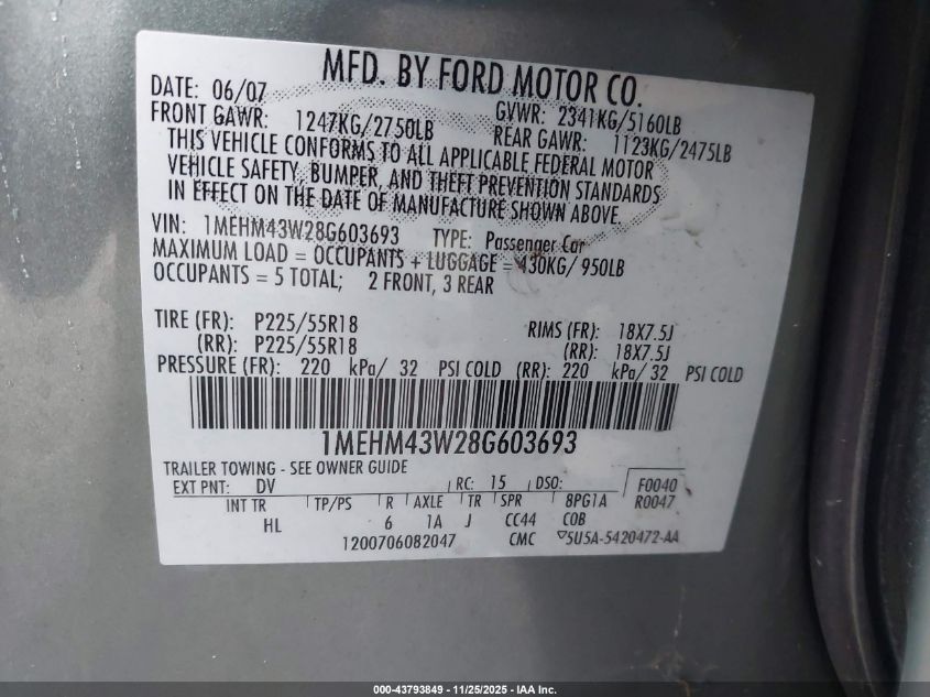 2008 Mercury Sable Premier VIN: 1MEHM43W28G603693 Lot: 43793849