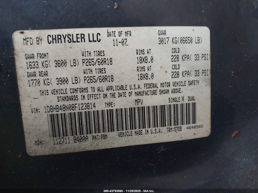 2008 Dodge Durango Slt VIN: 1D8HB48N08F123814 Lot: 43793860