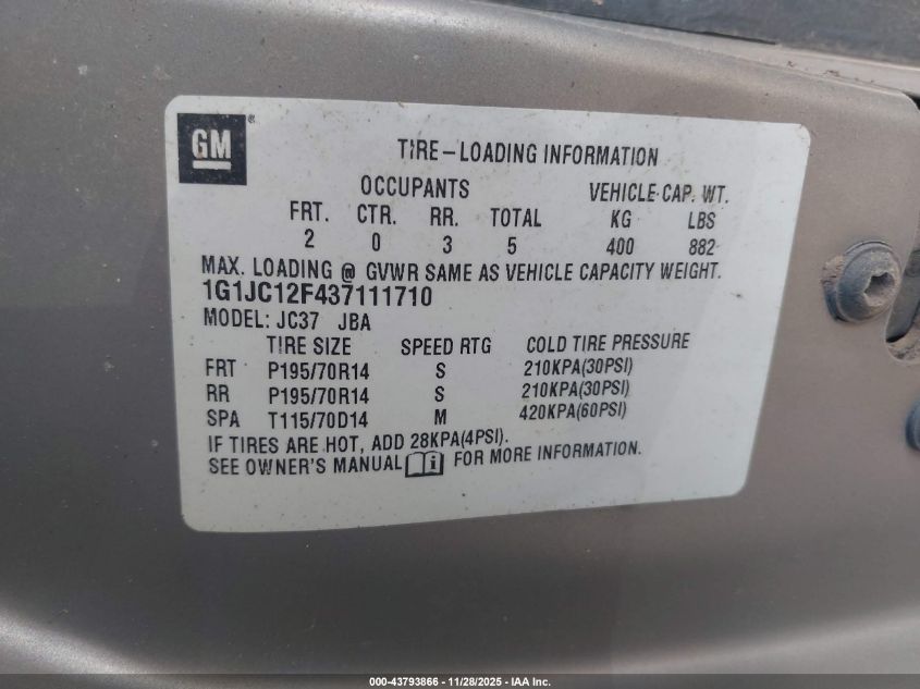 2003 Chevrolet Cavalier VIN: 1G1JC12F437111710 Lot: 43793866