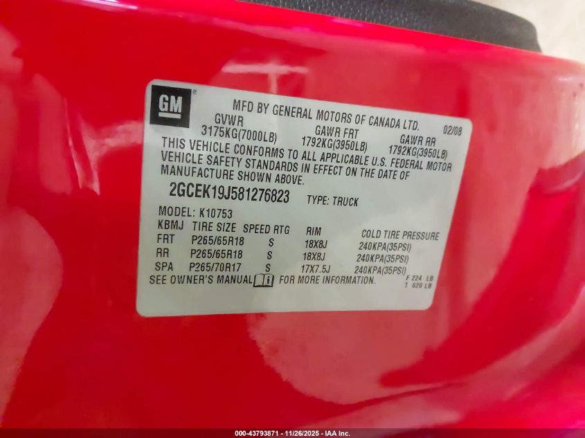 2008 Chevrolet Silverado 1500 Lt1 VIN: 2GCEK19J581276823 Lot: 43793871