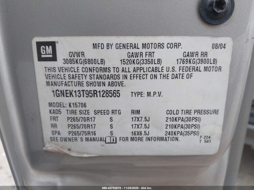 2005 Chevrolet Tahoe Z71 VIN: 1GNEK13T95R128565 Lot: 43793878