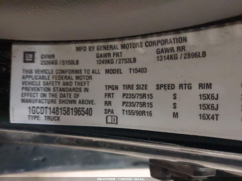 2005 Chevrolet Colorado VIN: 1GCDT148158196540 Lot: 43793898