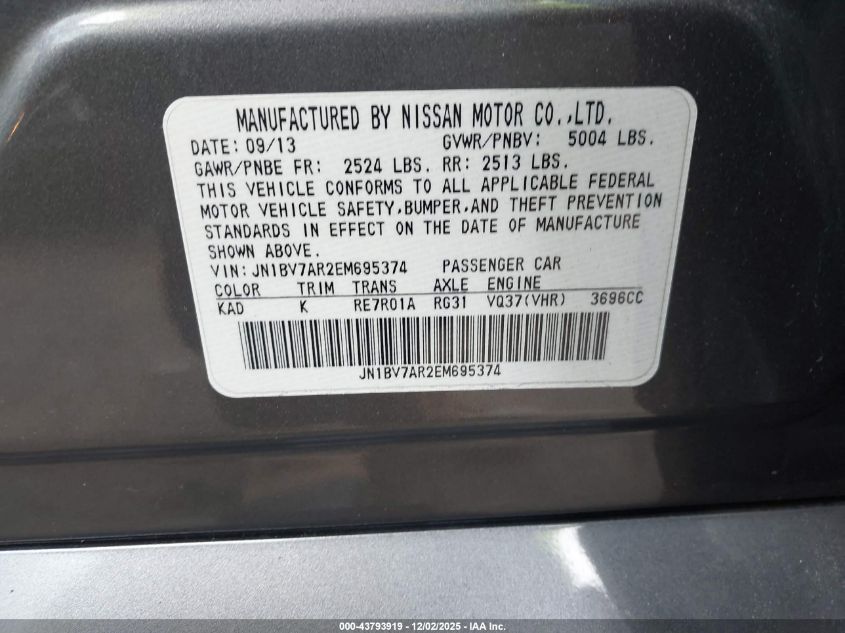 2014 Infiniti Q50 Sport VIN: JN1BV7AR2EM695374 Lot: 43793919