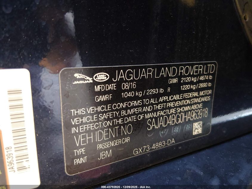 2017 Jaguar Xe 25T Premium VIN: SAJAD4BG0HA963918 Lot: 43793920