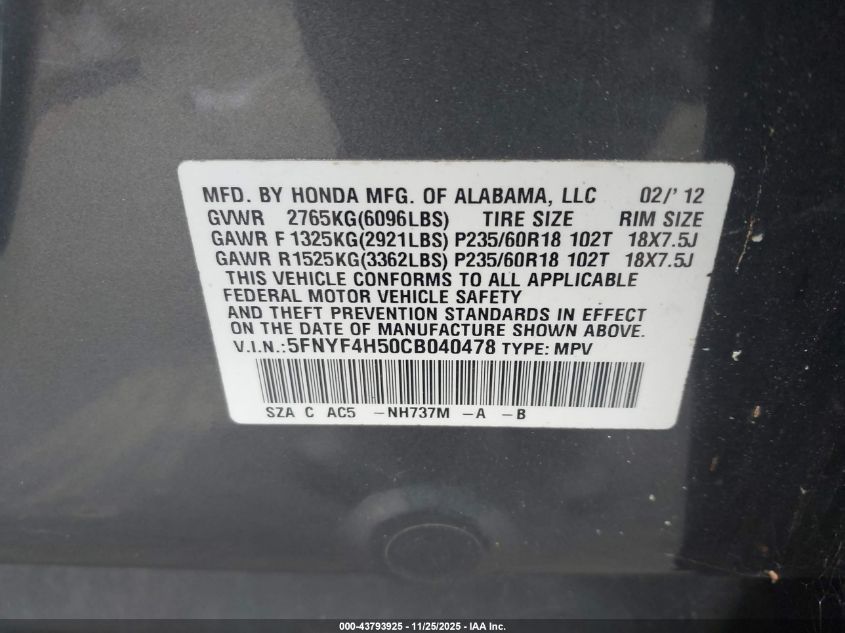 2012 Honda Pilot Ex-L VIN: 5FNYF4H50CB040478 Lot: 43793925