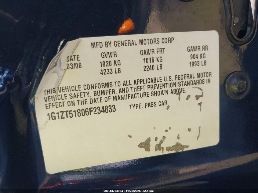 2006 Chevrolet Malibu Lt VIN: 1G1ZT51806F234833 Lot: 43793934