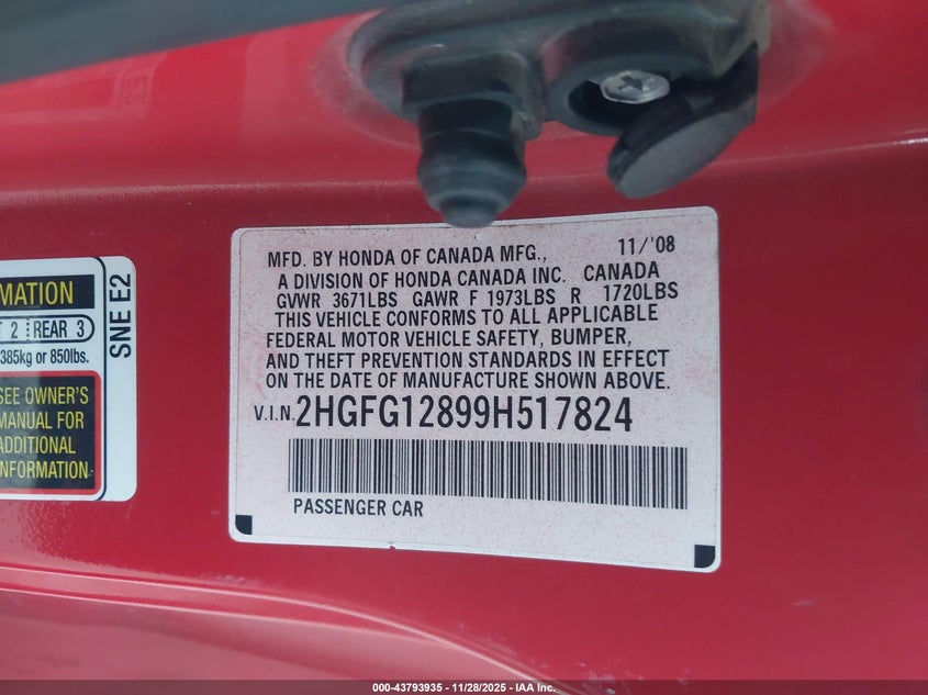 2009 Honda Civic Ex VIN: 2HGFG12899H517824 Lot: 43793935