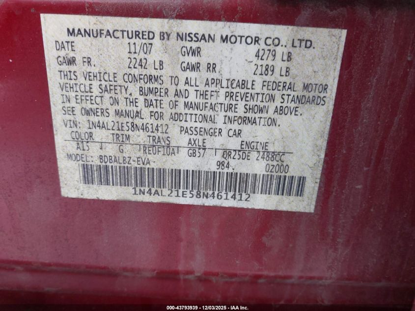 2008 Nissan Altima 2.5 S VIN: 1N4AL21E58N461412 Lot: 43793939