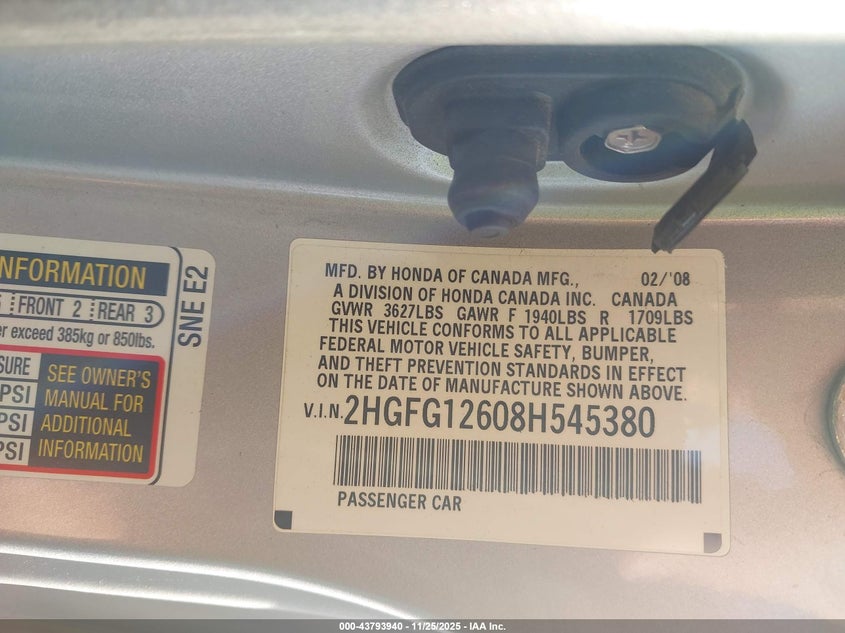 2008 Honda Civic Lx VIN: 2HGFG12608H545380 Lot: 43793940