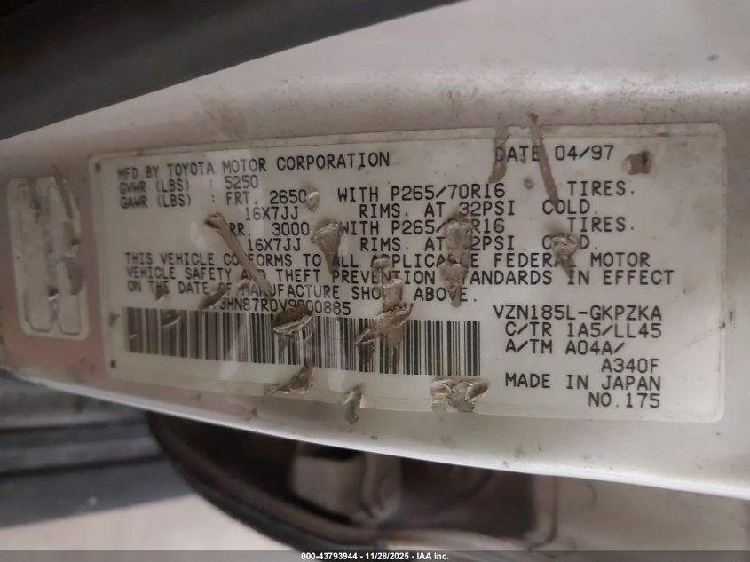 1997 Toyota 4Runner Sr5 V6 Limited VIN: JT3HN87R0V9000885 Lot: 43793944