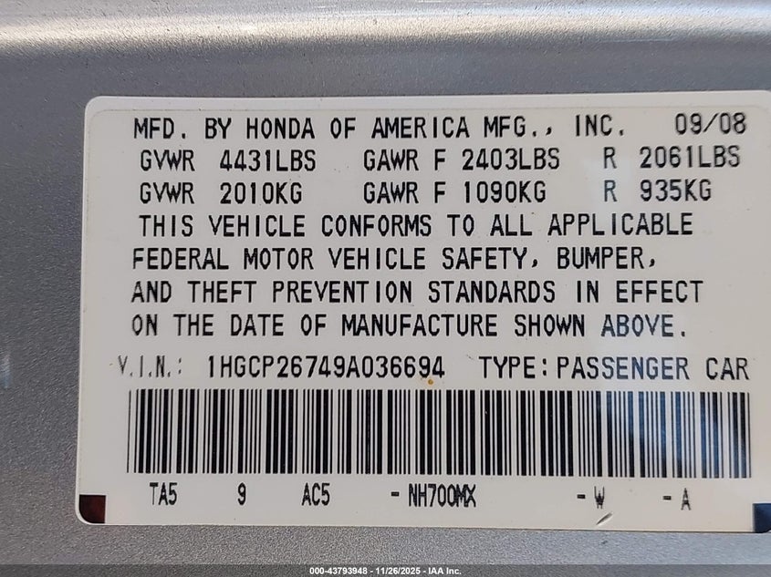 2009 Honda Accord 2.4 Ex VIN: 1HGCP26749A036694 Lot: 43793948