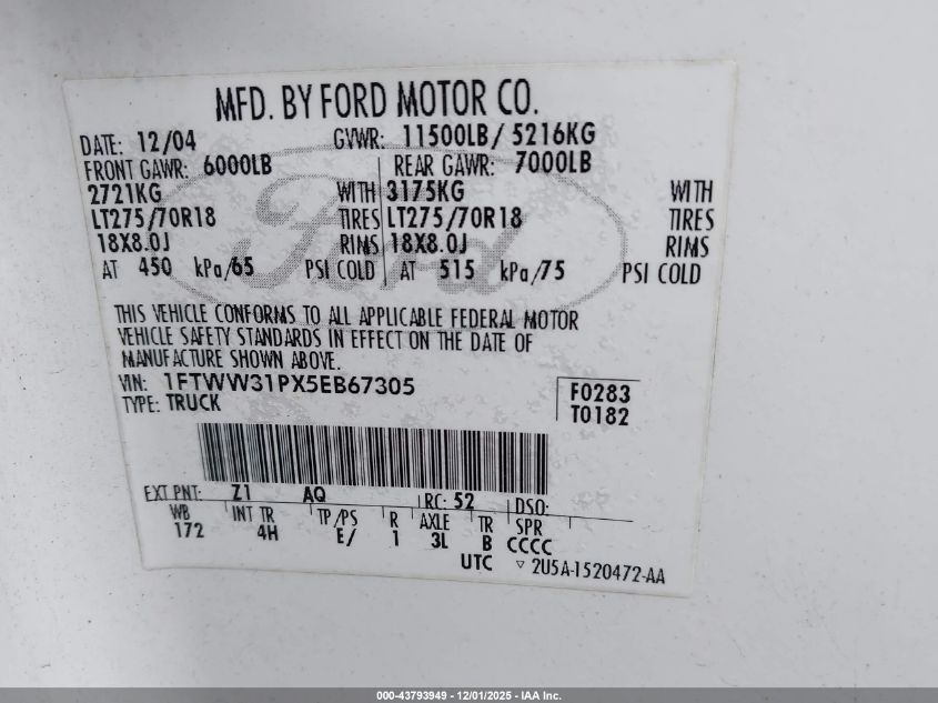 2005 Ford F-350 Lariat/Xl/Xlt VIN: 1FTWW31PX5EB67305 Lot: 43793949