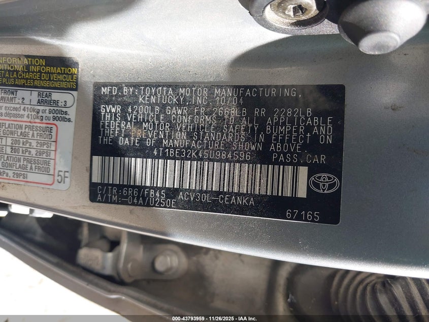 2005 Toyota Camry Le VIN: 4T1BE32K45U984596 Lot: 43793959