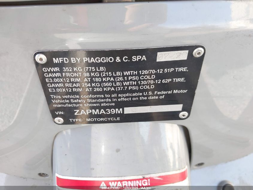 2020 Vespa Gts 300 Super VIN: ZAPMA39M1L5201451 Lot: 43793961