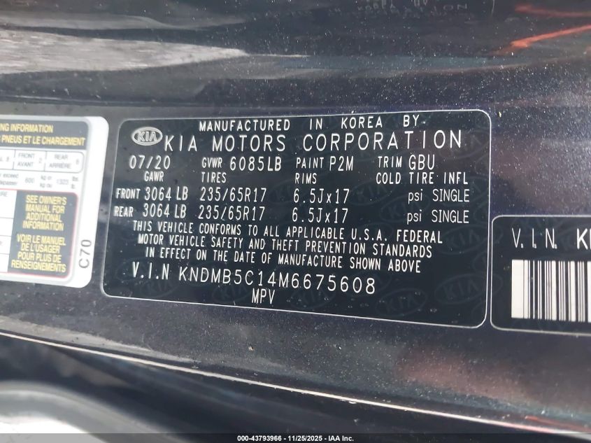 2021 Kia Sedona Lx VIN: KNDMB5C14M6675608 Lot: 43793966