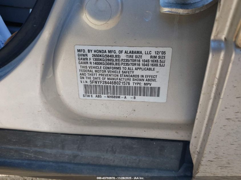 2006 Honda Pilot Ex VIN: 5FNYF28446B021576 Lot: 43793976