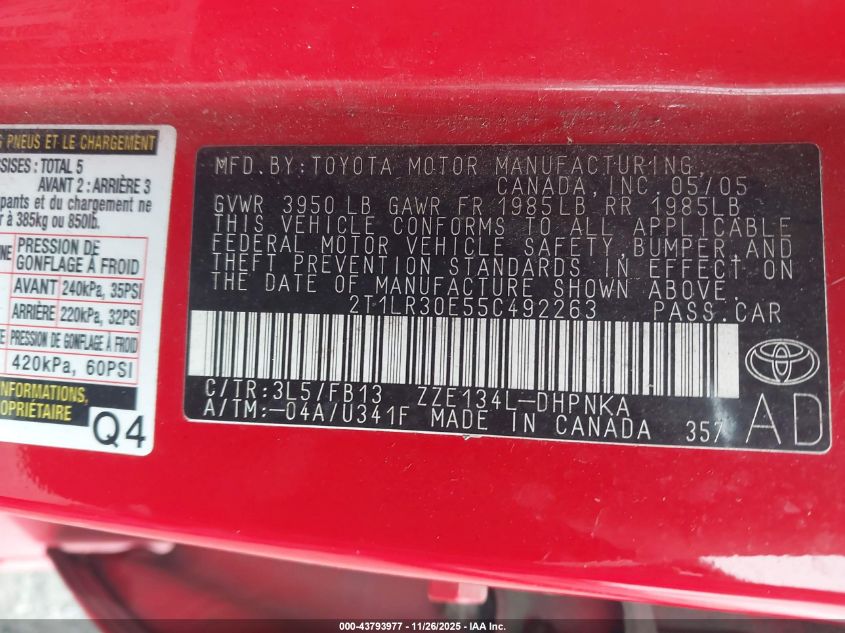 2005 Toyota Corolla Matrix Xr VIN: 2T1LR30E55C492263 Lot: 43793977