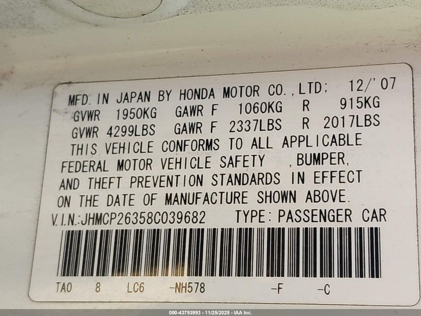 2008 Honda Accord 2.4 Lx VIN: JHMCP26358C039682 Lot: 43793993
