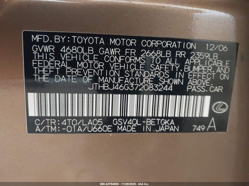 2007 Lexus Es 350 VIN: JTHBJ46G372083244 Lot: 43794000