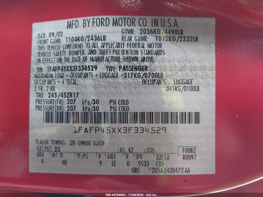 2003 Ford Mustang Gt VIN: 1FAFP45XX3F334529 Lot: 43794004