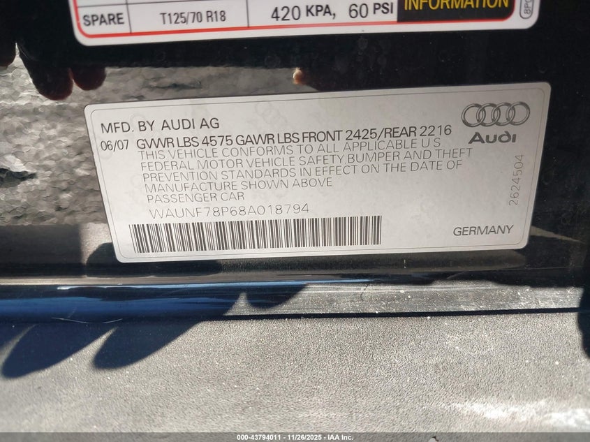 2008 Audi A3 2.0T VIN: WAUNF78P68A018794 Lot: 43794011