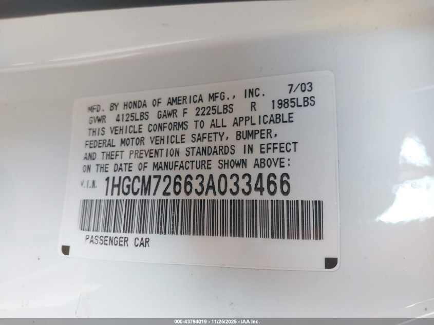 2003 Honda Accord 2.4 Ex VIN: 1HGCM72663A033466 Lot: 43794019