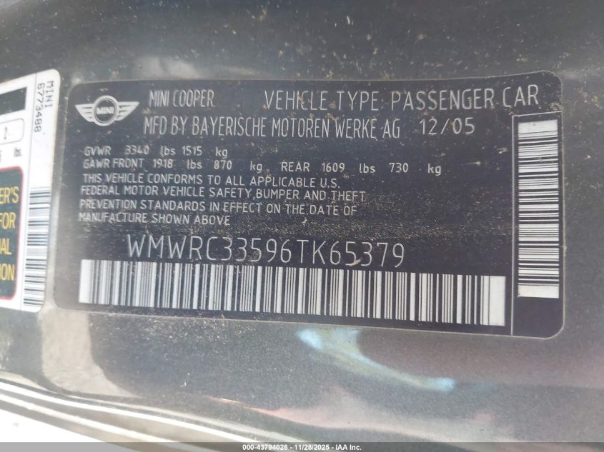 2006 Mini Cooper VIN: WMWRC33596TK65379 Lot: 43794026