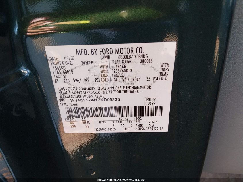 2007 Ford F-150 Xlt VIN: 1FTRW12W17KD09326 Lot: 43794033