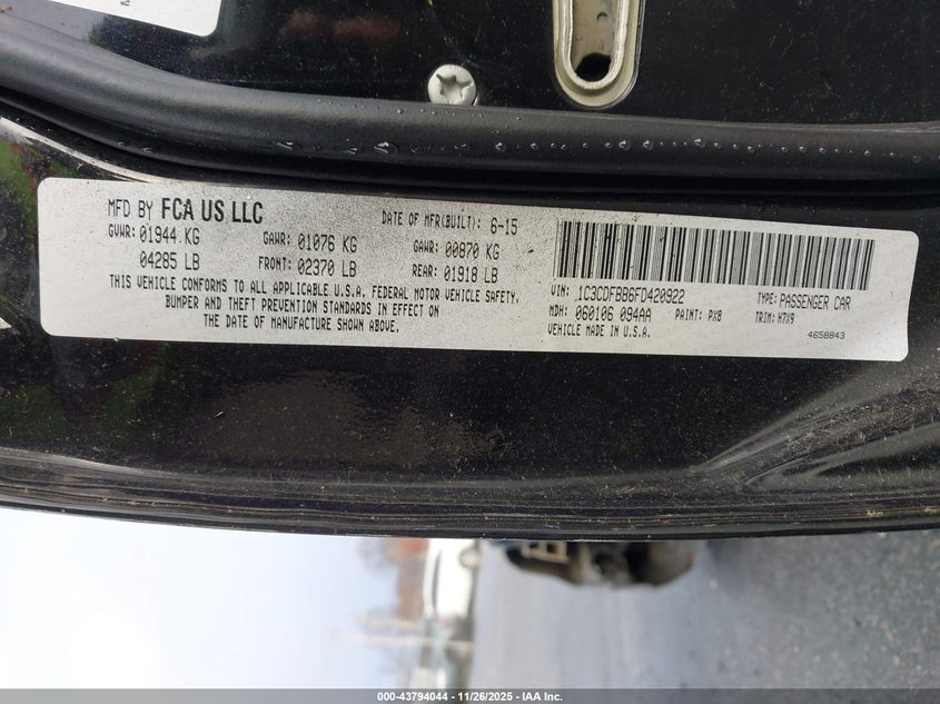 2015 Dodge Dart Sxt VIN: 1C3CDFBB6FD420922 Lot: 43794044