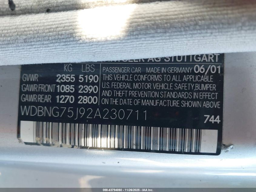 2002 Mercedes-Benz S 500 VIN: WDBNG75J92A230711 Lot: 43794060