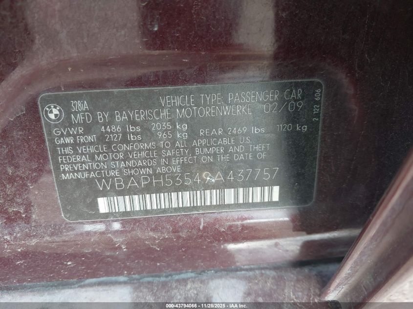 2009 BMW 328I VIN: WBAPH53549A437757 Lot: 43794066