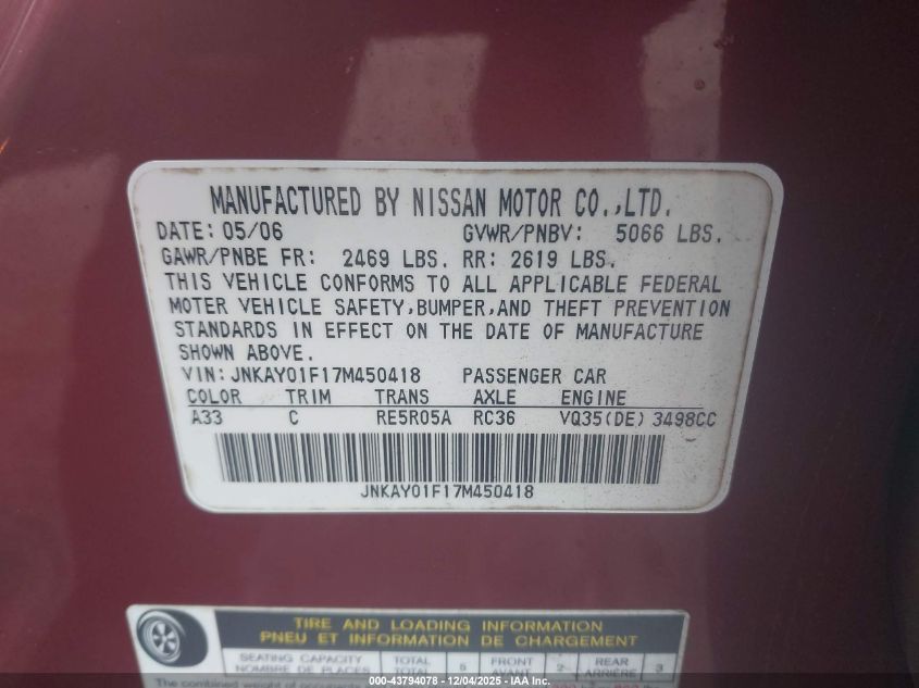 2007 Infiniti M35X VIN: JNKAY01F17M450418 Lot: 43794078