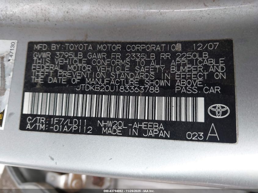 2008 Toyota Prius VIN: JTDKB20U183363788 Lot: 43794082