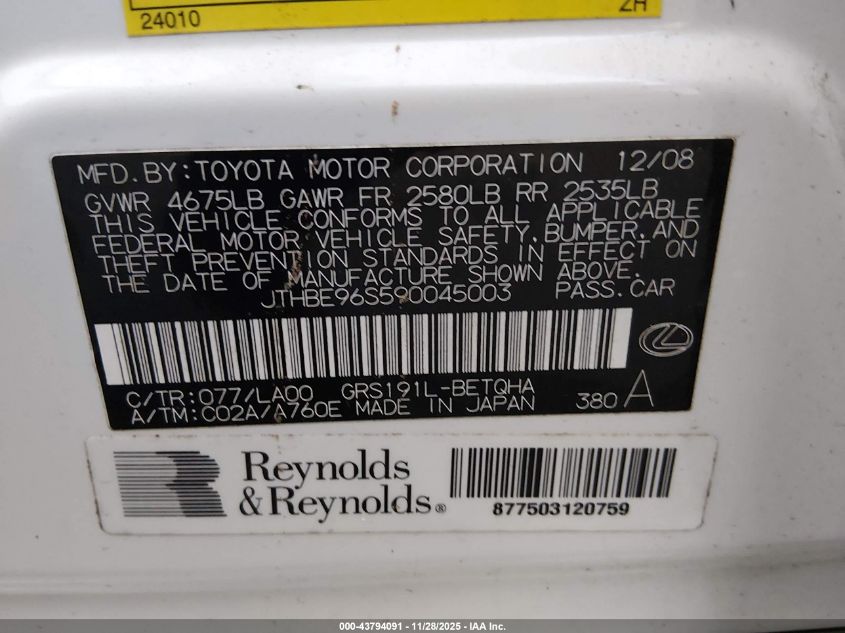 2009 Lexus Gs 350 VIN: JTHBE96S590045003 Lot: 43794091