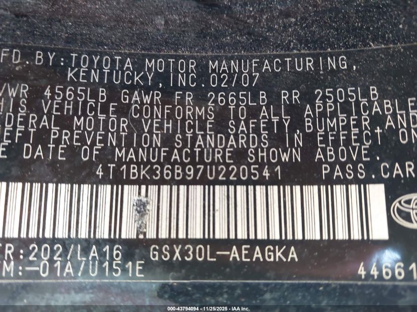 2007 Toyota Avalon Xls VIN: 4T1BK36B97U220541 Lot: 43794094