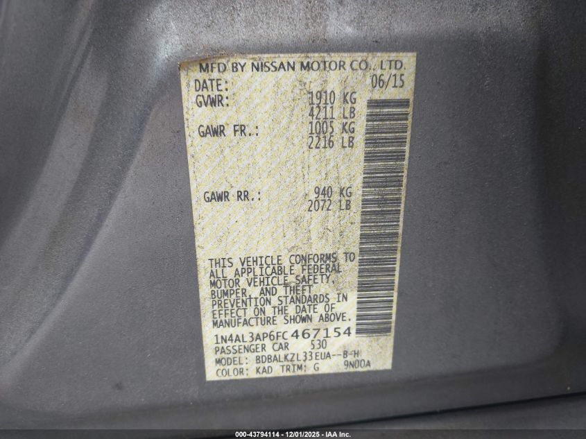 2015 Nissan Altima 2.5 Sv VIN: 1N4AL3AP6FC467154 Lot: 43794114