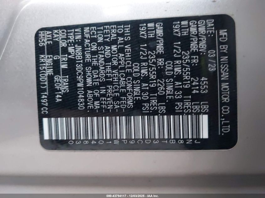 2023 Nissan Rogue Platinum Fwd VIN: JN8BT3DC9PW104830 Lot: 43794117