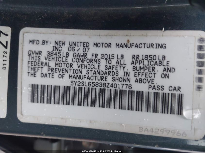 2008 Pontiac Vibe VIN: 5Y2SL65838Z401776 Lot: 43794121