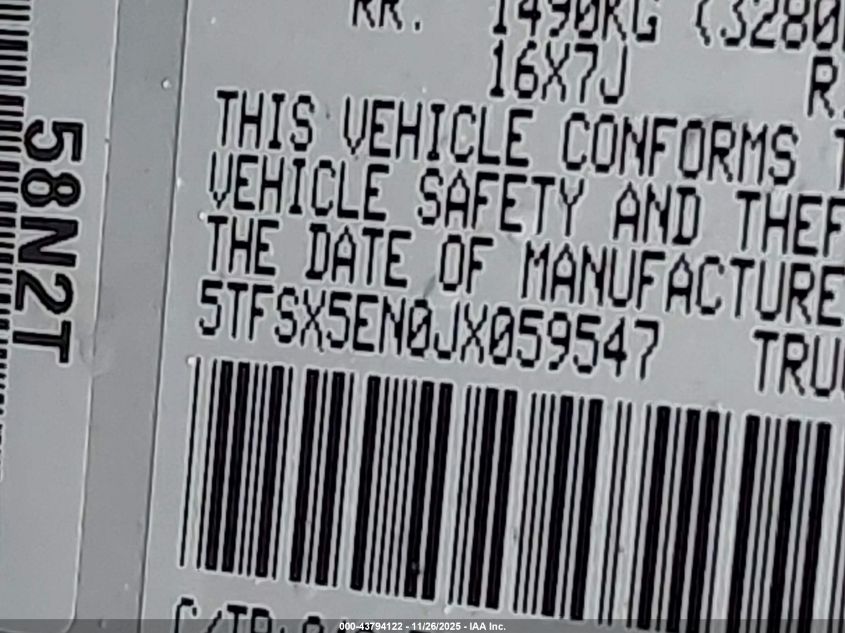 2018 Toyota Tacoma Sr VIN: 5TFSX5EN0JX059547 Lot: 43794122