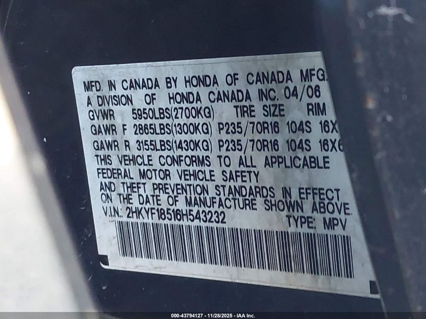 2006 Honda Pilot Ex-L VIN: 2HKYF18516H543232 Lot: 43794127