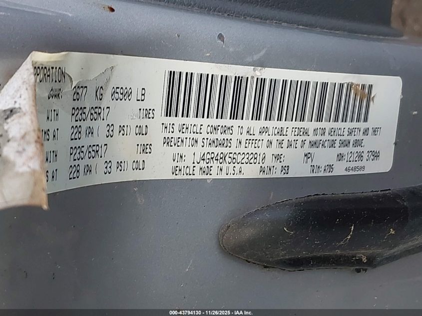 2006 Jeep Grand Cherokee Laredo VIN: 1J4GR48K56C232810 Lot: 43794130