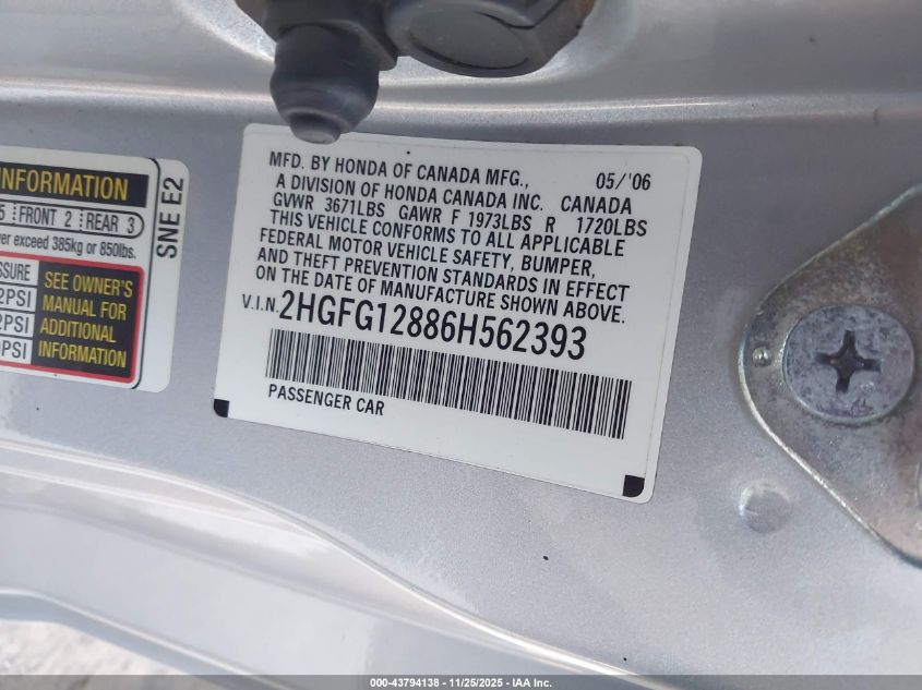 2006 Honda Civic Ex VIN: 2HGFG12886H562393 Lot: 43794138